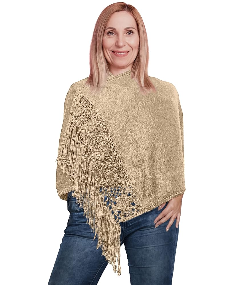 小物 Eaphi /BOUCLE SUKASHI SHAWL beige Knitted Wedding Shawl with Tassels | E383 | Bianco Evento